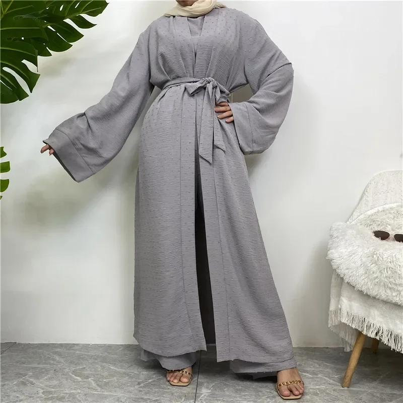

Eid Muslim Dress Women Open Abaya 3 Piece Matching Set Kaftan Ramadan Dubai Kaftan Tops Pants Turkey Islam Kimono Robe Kebaya