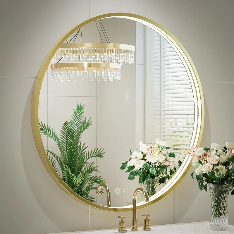 

Led round mirror, 36 inch gold frame bathroom mirror with light, 6000K lighted vanity mirror, wall mounted, anti-fog & dimmable