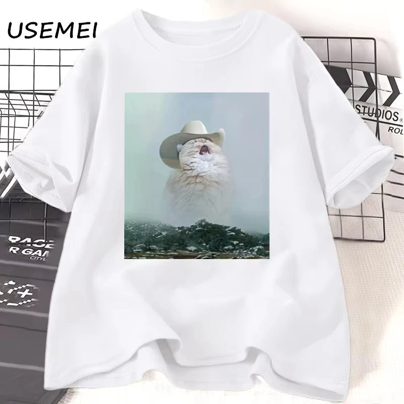 

Summer Cowboy Cat T-Shirt Men Women Funny Graphic Cotton Short Sleeve Casual Trendy Western Streetwear Fashion