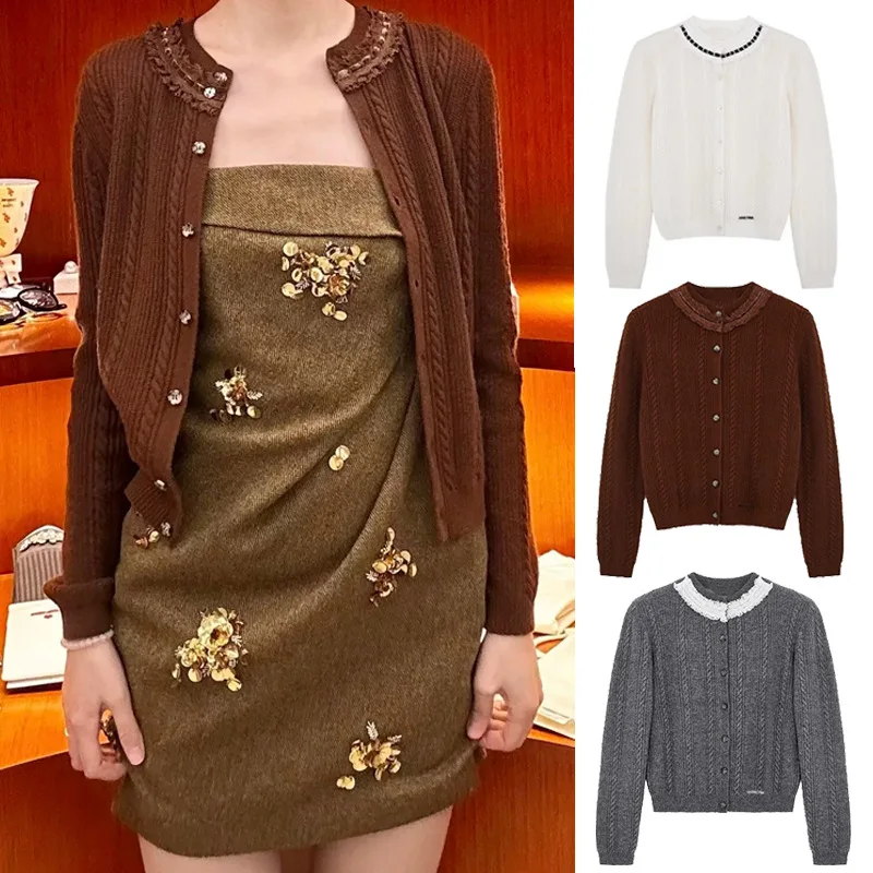 

Вязаный кружевной декор с текстурой, художественный открытый кардиган, шерстяной однотонный женский модный зимний свитер 264
