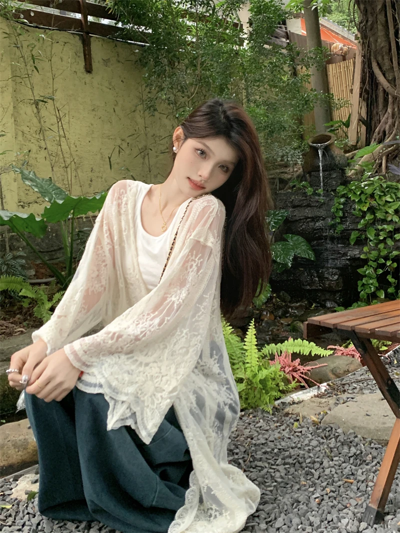LACE-Up Beige ลูกไม้กิโมโนเสื้อสเวตเตอร์ถักผู้หญิงฤดูร้อนแขนยาว SHEER เย็บปักถักร้อยตาข่ายบางเสื้อ Holiday Beach Boho COVER-Up