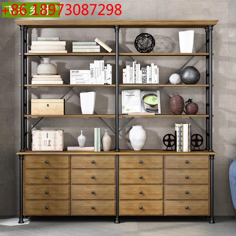 

American industrial style solid wood iron shelf living room office entrance partition storage multi-layer bookshelves