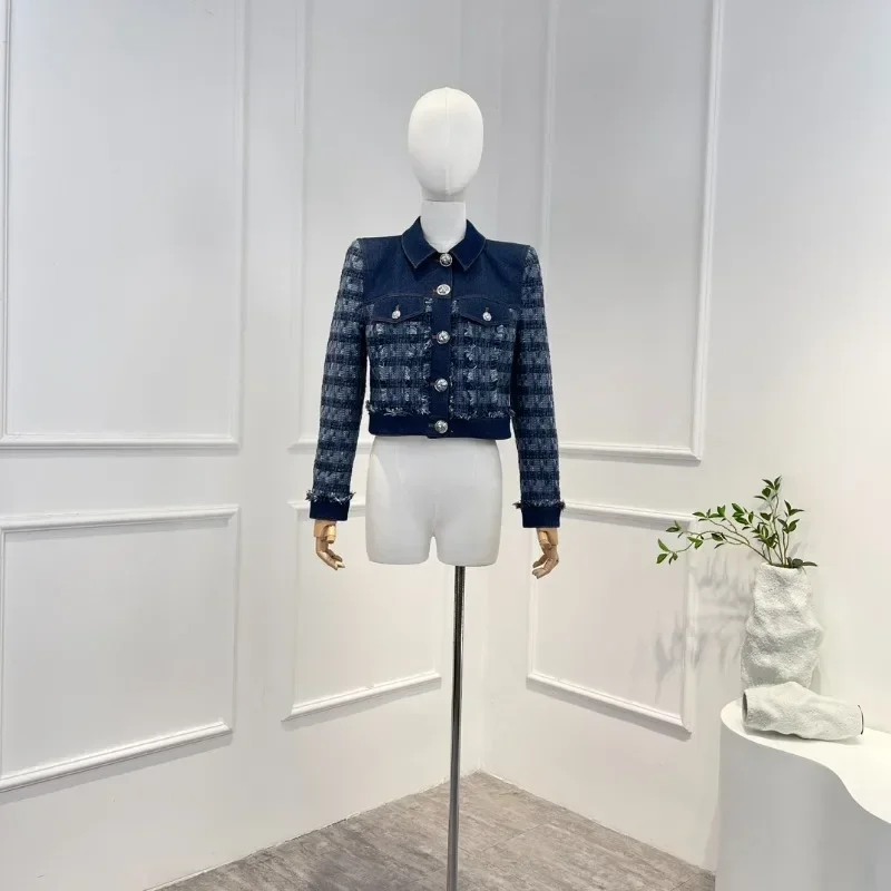 

2023 Summer Autumn Latest Women Fashion Blue Office Lady Striped Tweed Jacket Coat