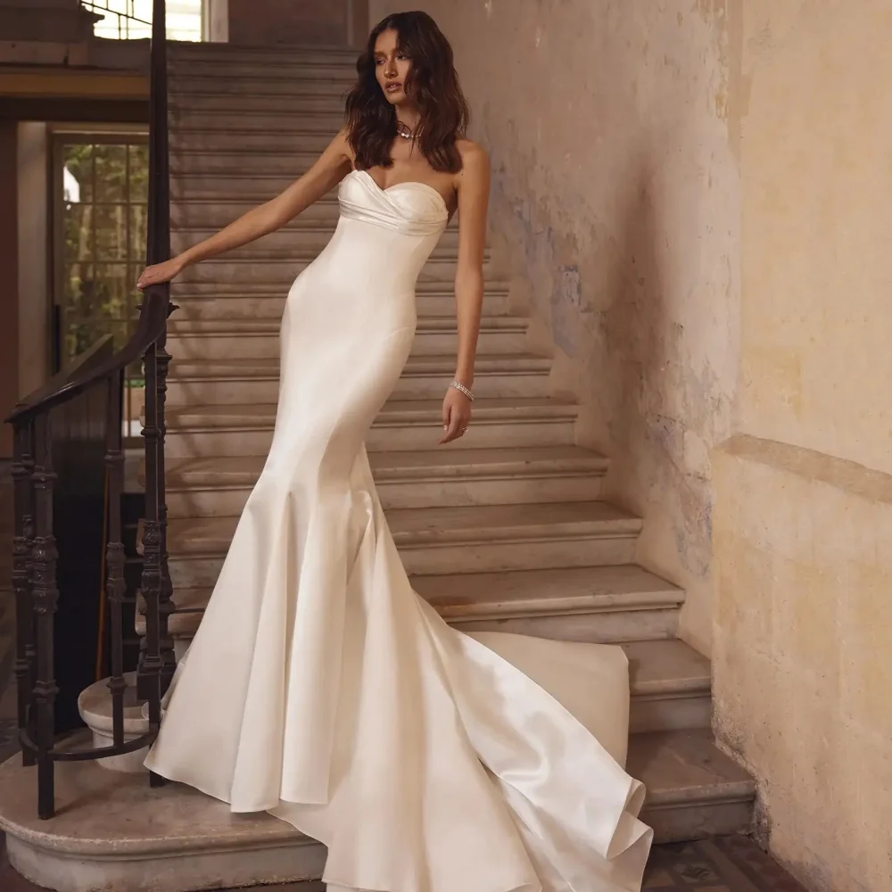 カスタマイズされたシンプルでエレガントなウェディングドレス恋人ネックブライダルドレスマーメイドクラシック背中の開いた花嫁ドレス Vestido デ ノビア