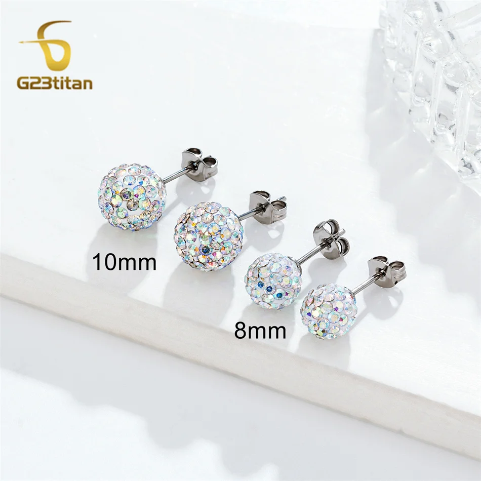 Bright Shambhala Earrings for Ladies AB Zircon Clay Ball Hypoallergenic G23 Titanium Stud Earings Girl Jewelry boucles d'oreille