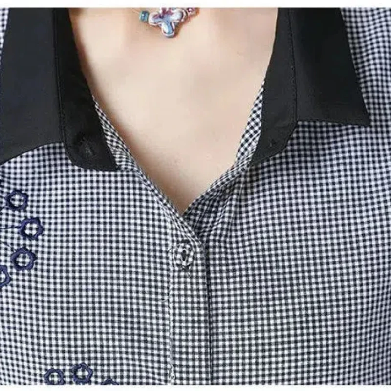 Grid Embroidery 2024 Women\'s New Splicing Polo Collar Button Folds Fashion Loose Minimalist Casual Long Sleeve Blouses Shirts