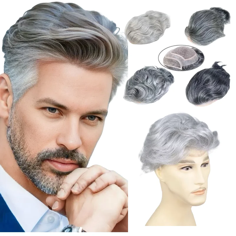 

Моно-основа 8x10 дюймов, мужской парик из человеческих волос, серые оттенки, кружево с полиуретаном, европейские цвета 1B 1B90 # 613 Быстрая доставка