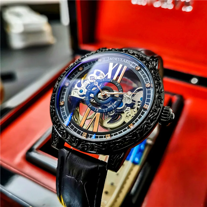 AOKULASIC Neue Herrenuhr, luxuriös, hübsches Skelett, Tourbillon, automatisch, mechanisch, wasserdicht, echtes Leder, Schmetterlingsverschluss