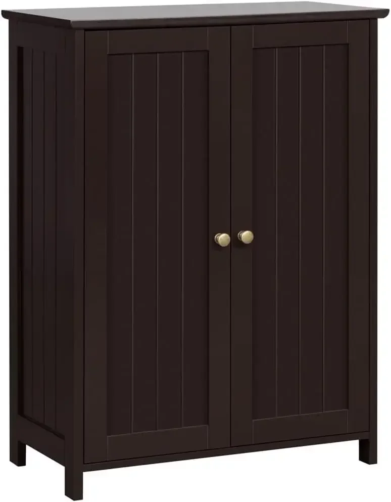 Bathroom Floor Cabinet, Modern Storage Freestanding Organizer Cabinet with Adjustable Shelves & Double Doors, 3-Tier, Espresso