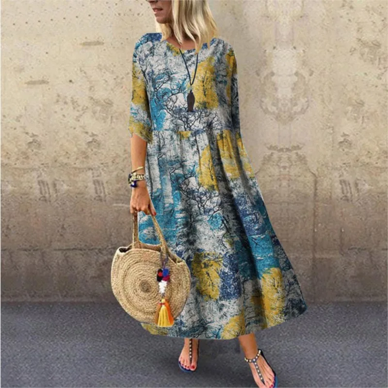 

2yk 2025 Women casual loose long dress in autumn and winter plus size printed round neck half sleeved long skirt for daily wear
