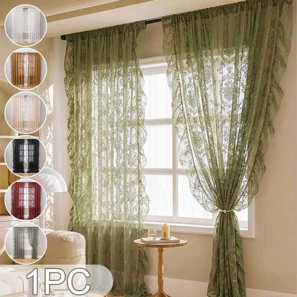 

1/2PCS French Vintage Ruffled Curtain Boho Style Half Sheer Light Filtering Rod Pocket Drapes for Living Room Bedroom Decoration