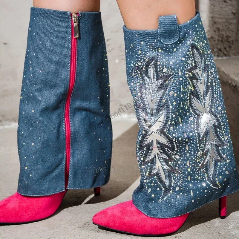 

Blue Denim Crystal Totem Rose Red Pointed Toe Boots Side Zipper Women Shoes Thin High Heels New Fashion 2023 Zapatos Para Mujere