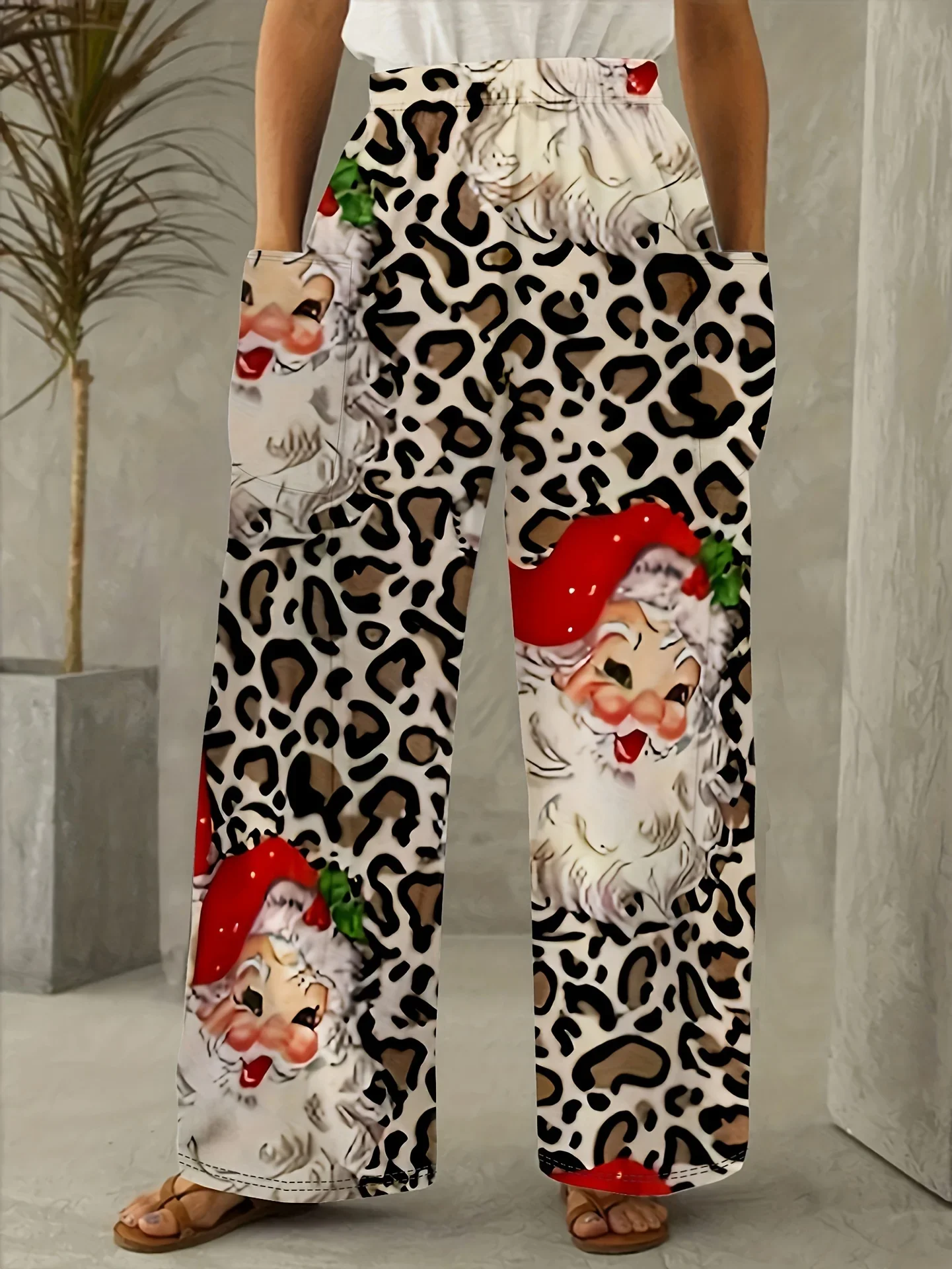 Plus Size 1XL-5XL Mode Kerst Afdrukken Vrouwen Pocket Lounge Broek Pyjamabroek Casual Losse Lange Wijde Pijpen Yoga Broek