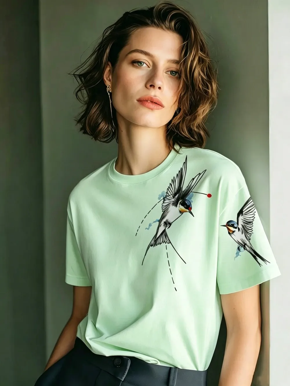 Flying Swallows Prints Baumwoll-T-Shirts für Damen, Sommer-Kurzarm-T-Shirts, O-Ausschnitt, weiche, übergroße Oberteile, einfache, bequeme Kleidung – Detail 15