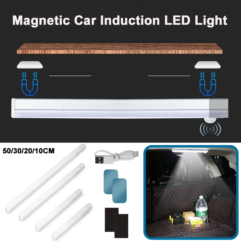 50CM Magnetic Car Interior Induction LED Light Strip Bar Lamp Type-C Wireless Human Sensor Light Auto/home use 30cm/20cm/10cm