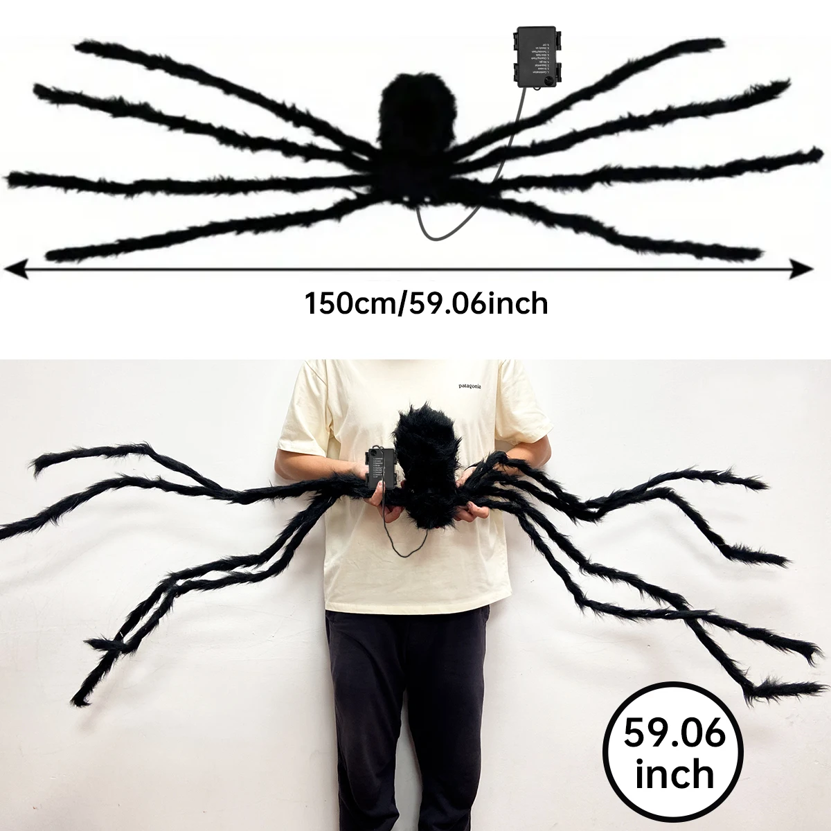 1pc Halloween Giant Light Up Fuzzy Black Spider Purple LED Battery Powered 8 Modes Spider Lights For Indoor Outdoor Porch Decor