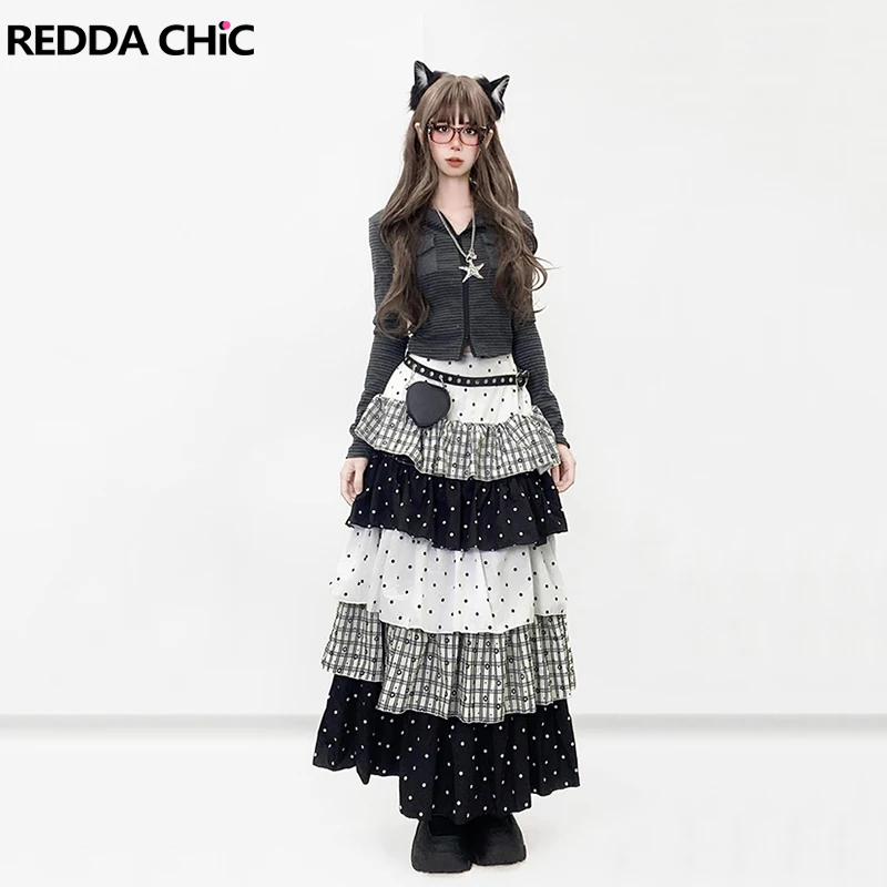 

REDDACHiC Лолита женская длинная юбка-тортик контрастные горошки клетчатые цветочные складки эластичная талия с рюшами многоуровневая юбка гранж низ