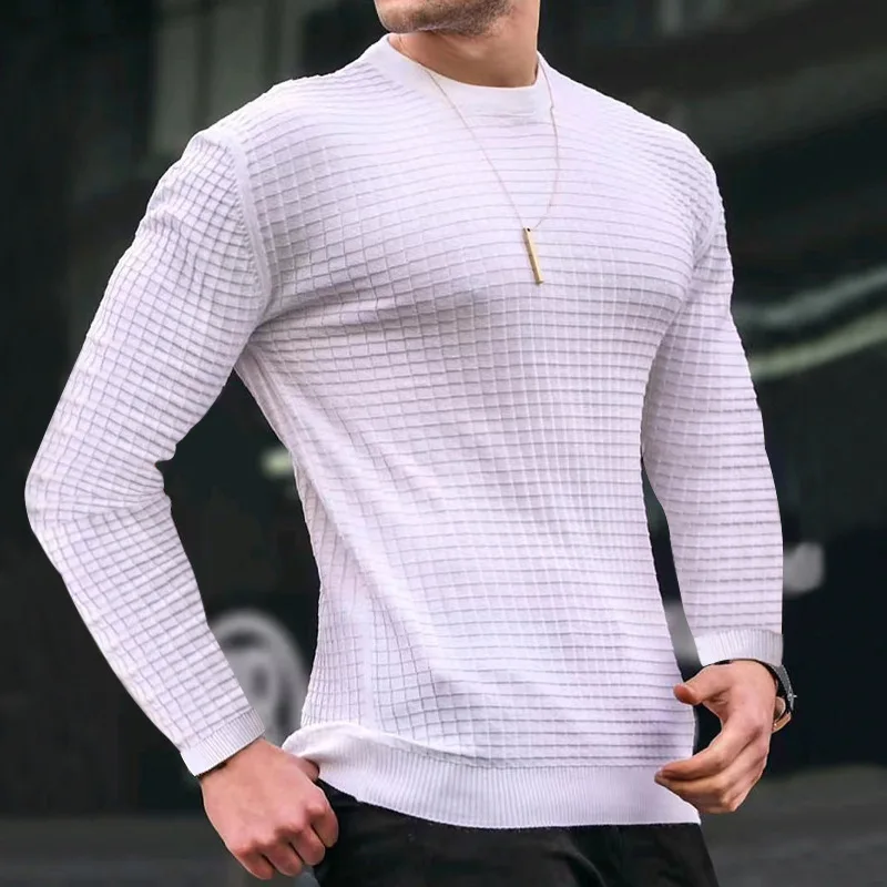 Herren-Sweatshirt mit Gittermuster, Rundhalsausschnitt, Langarm, Herbst-Winter, lässiger Pullover in Uni-Farbe.