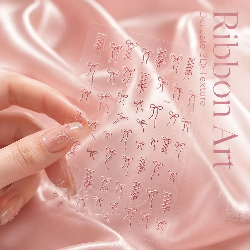 1Pc Stereo Embossed Ribbon Knot Nail Decals Elegant Bow Rope Adhesive Stickers For Handmade Acrylic Nail Embellishment Supplies
