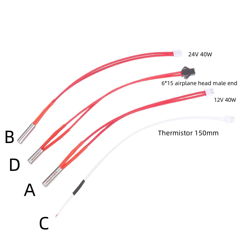 1Pc wkład grzewczy 12V/24V 40W 6*20mm z 2-pinowym zaciskem 100K NTC 3950 termistor PH2.0 2Pin ogrzewanie DIY 3D część drukarki