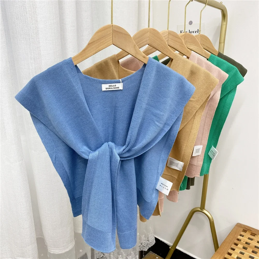 New Knitted Shawl Women's Summer Outside Air-conditioned Room Cloak Spring Autumn Korean Fashion Shoulder Blue