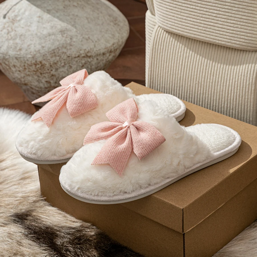

Winter Women Slippers Fashion Cute Fuzzy Bow Indoor Warm Soft Sole Breathable Comfort Girls Gift Bedroom Casual Home Shoes