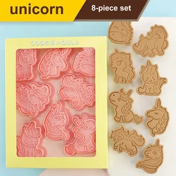 8pcs/set 3D Unicorn Shape Cookie Cutters Plastic Cartoon Unicorn Press Mold Biscuit Cookie Stamp Kitchen Pastry Baking Tools