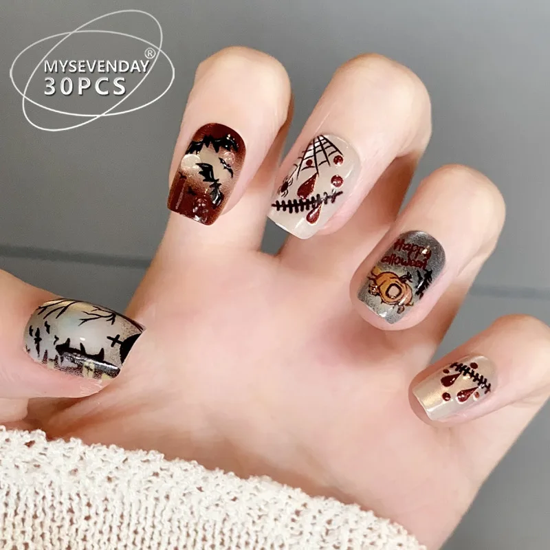 

30pcs Halloween Doodle Pumpkin Bat Press on Nails Simple Nails Full Cover Wearable False Nails