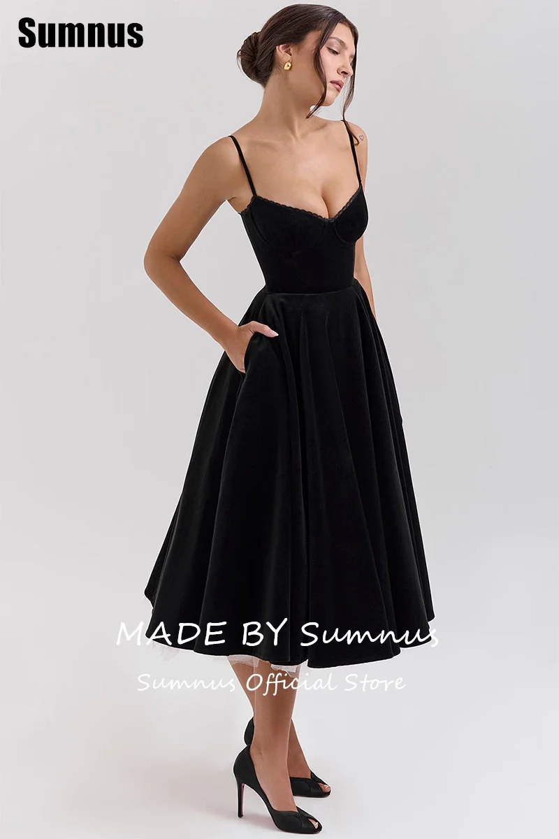 Sumnus preto a linha vestido de baile cinta de espaguete querida vestidos de festa chá-comprimento contraste cor vestidos formais 2024 personalizado