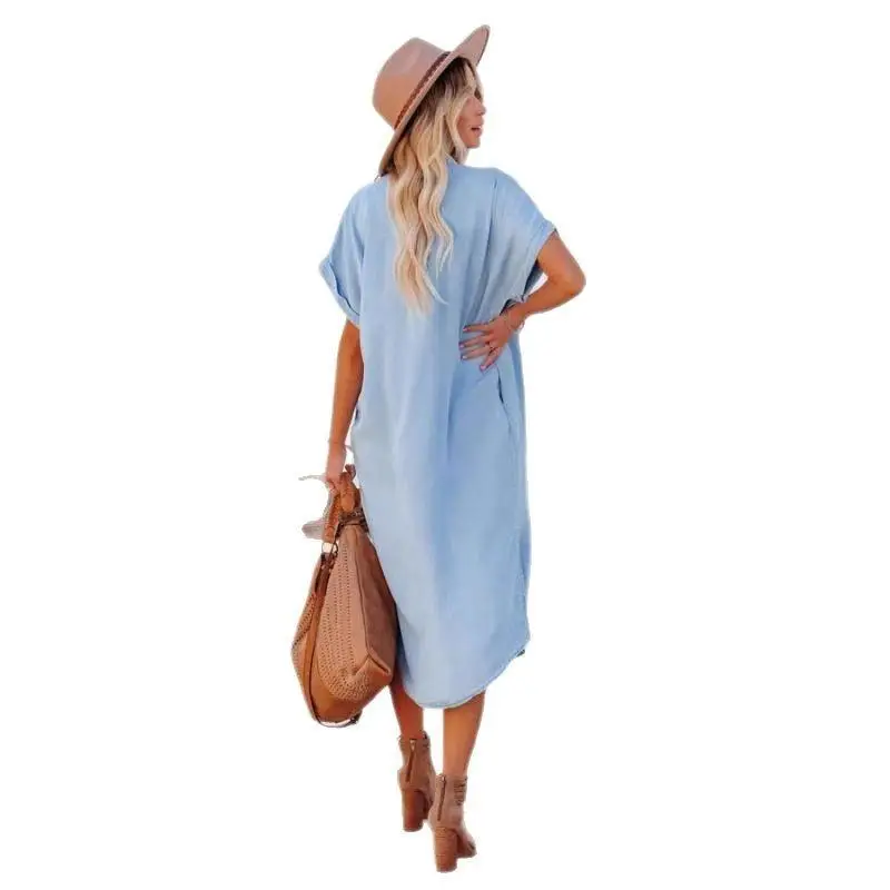 Modna spódnica dżinsowa o średniej długości z rozcięciem, luźna w talii, z włókna poliestrowego, o kroju litery A.