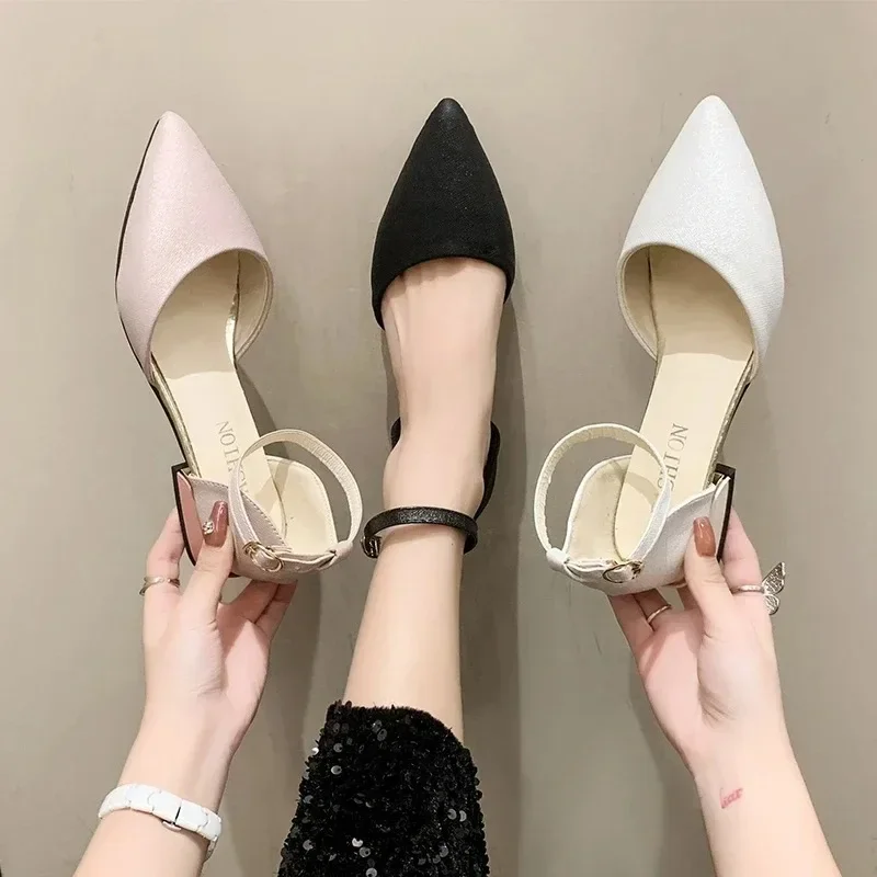 Fashion Low Heels Pointed Toe Simple Women Shoes Pumps Word Buckle Hollow Single Shoes Pointed Toe Thick with Shoes for Women