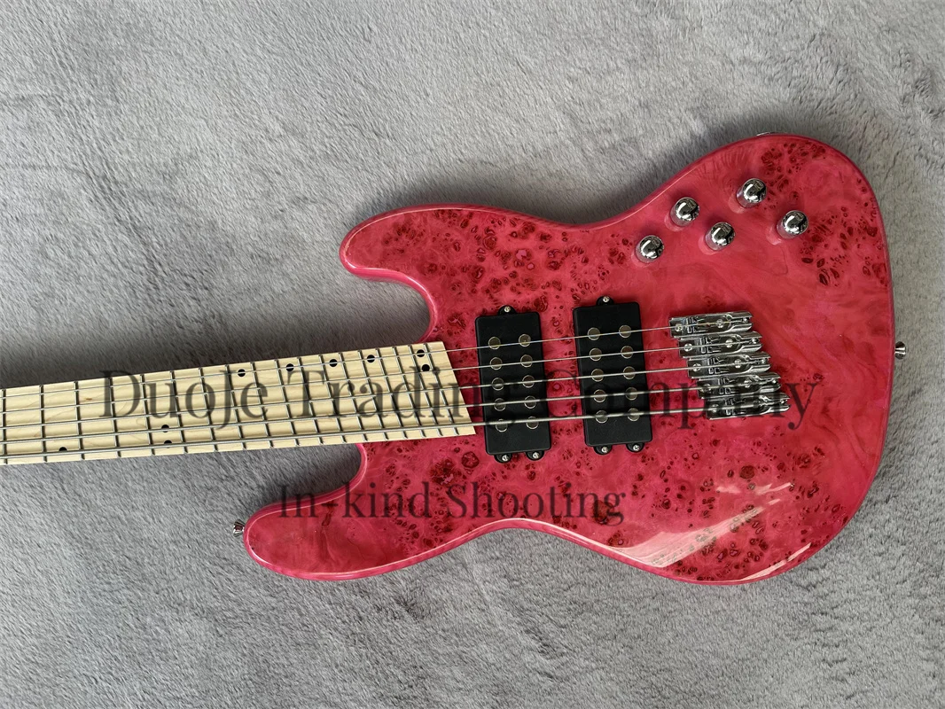 Pink Electric Bass 5-string bass Maple fingerboard ash body Burl top single bridge active battery case