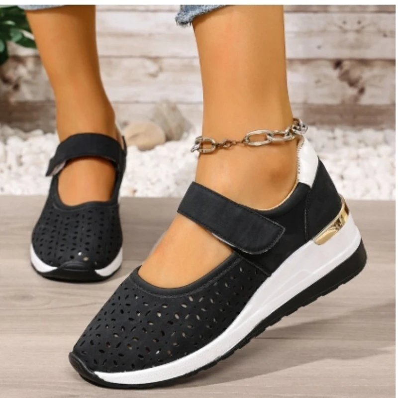 Spring Summer New Fashion Large Size Thick Bottom Sneakers for Women Casual Hollow Out Wedges Heel Single Sports Shoes view 2