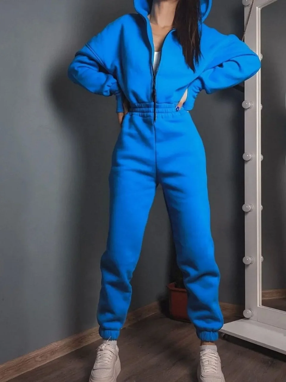 Setelan Jumpsuit Olahraga Street Sle dengan Hoodie, Celana Panjang, Pinggang Tinggi, Penutup Ritsleting, Bahan Poliester, Kaki Lurus, Tipis