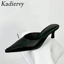 2024 New Kitten Heels Slippers Women Genuine Leather Mules Shoes Woman Pointed Toe Slides High Heels Modern Slippers Woman