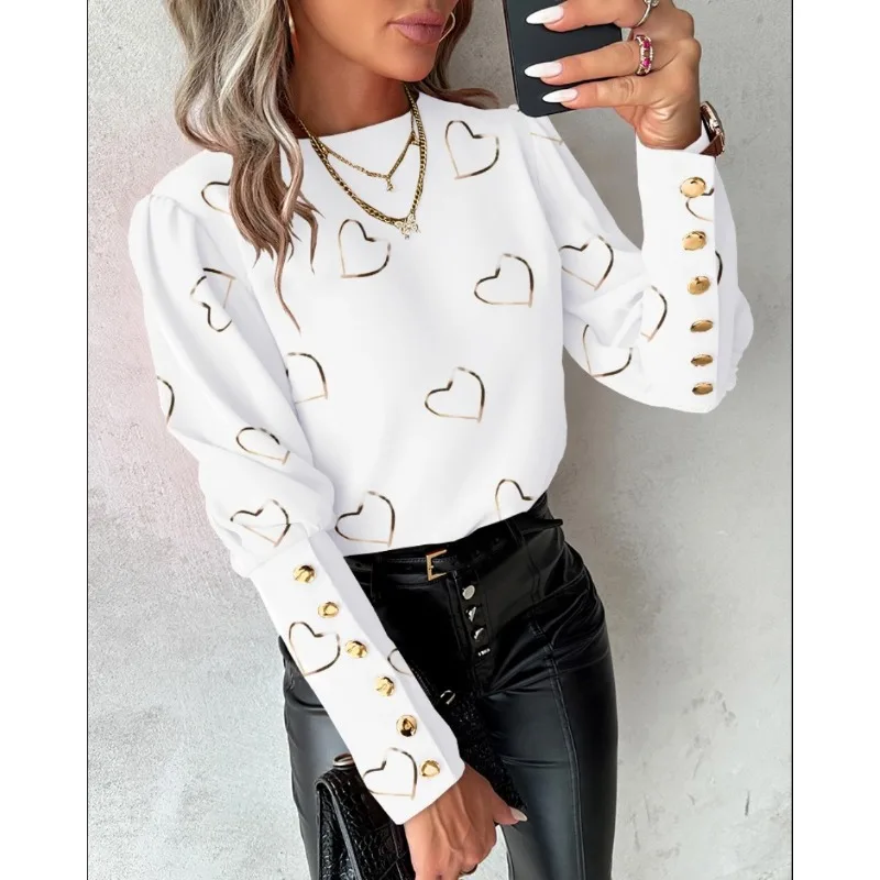 Autumn Women\'s Commuter T-shirt Fashion Solid Color Heart Print T-shirt Long Sleeved Round Neck Decorative Button T-shirt