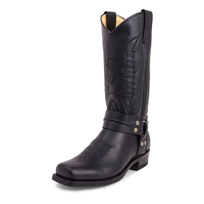 

New Fashion Men's Motorcycle Boots Handmade Men Embroidery Thick Heel Mid-tube Boots European American Style Western Cowboy Boot