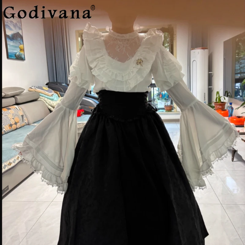 

Элегантная тяжелая промышленность, Лолита, готическая монахиня, потому что темная тонкая рубашка, весенне-осенний темпераментный универсальный топ на шнуровке с кружевными оборками для девочек