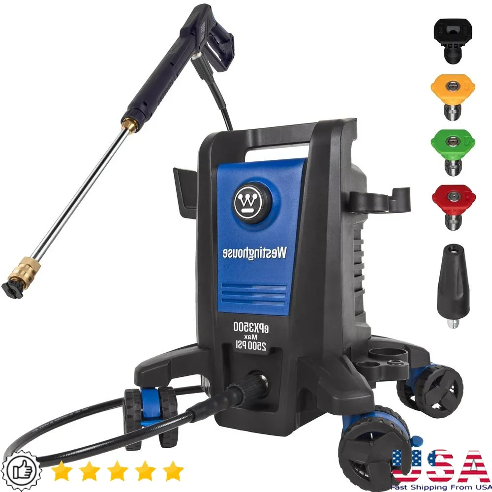 

Electric Pressure Washer 2500 Max PSI 1.76 Max GPM Anti-Tipping Technology Soap Tank Steel Wand Wheels Compact Lightweight Power