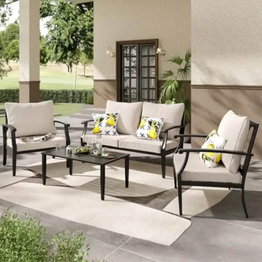 Patio Furniture Set for Backyard and Garden: Metal Loveseat, Coffee Table, Outdoor Conversation Sofa with High Back and Thick C