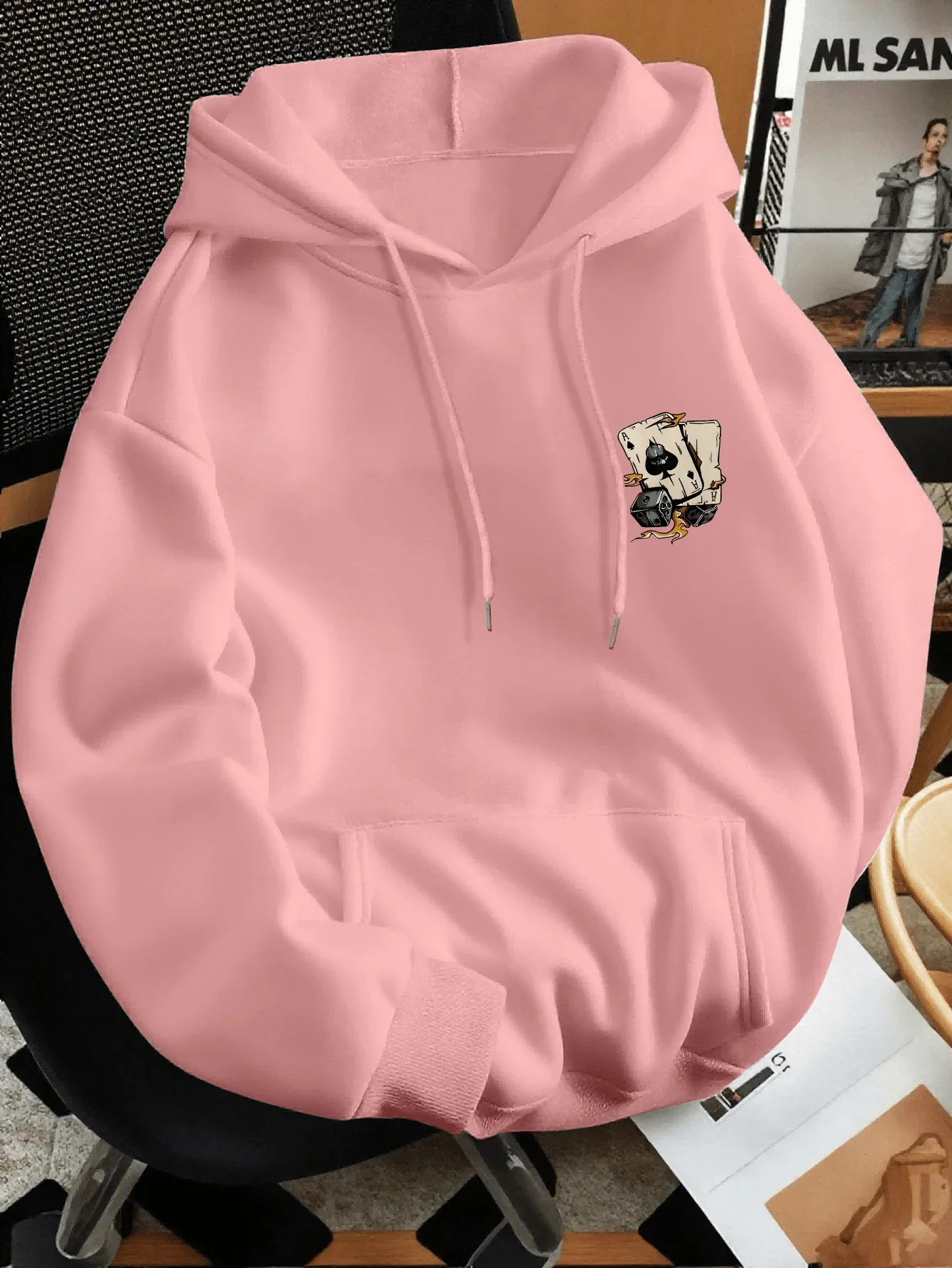 Vintage Distressed Ace of Spades Playing Card Dice Flame Print Hoodie for Men, Casual Loose-fitting Streetwear Style.