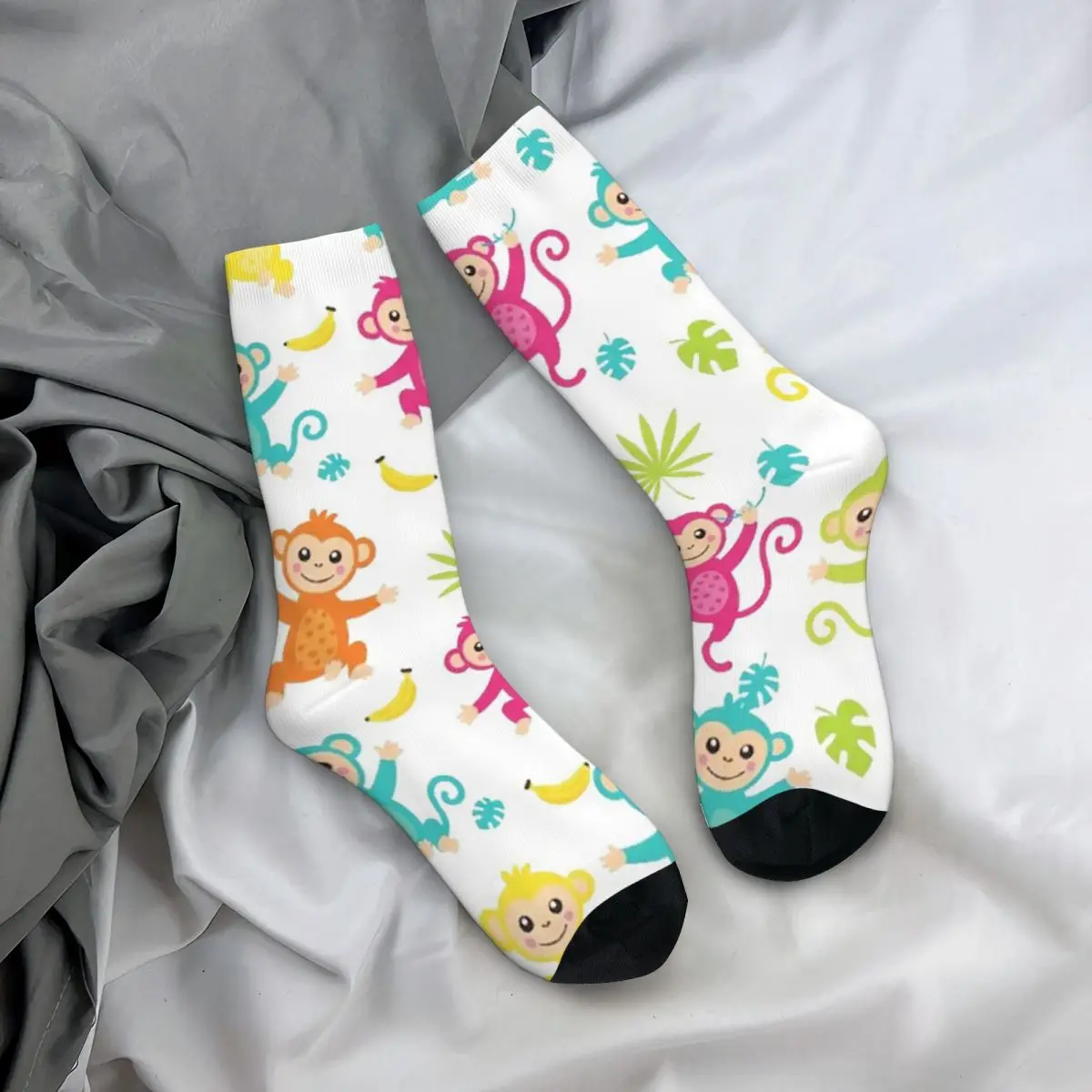 All Seasons Crew Stockings Cartoon Monkey With Leaves Pattern Socks Fashion Long Socks for Men Women Valentine's Day Gifts
