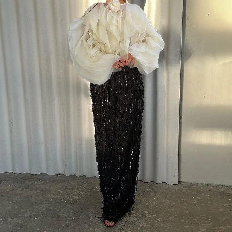 2025 New Women White Lace Edge Bubble Sleeve Top Black Bead Fringe Skirt Fashion Temperament Elegant Suit