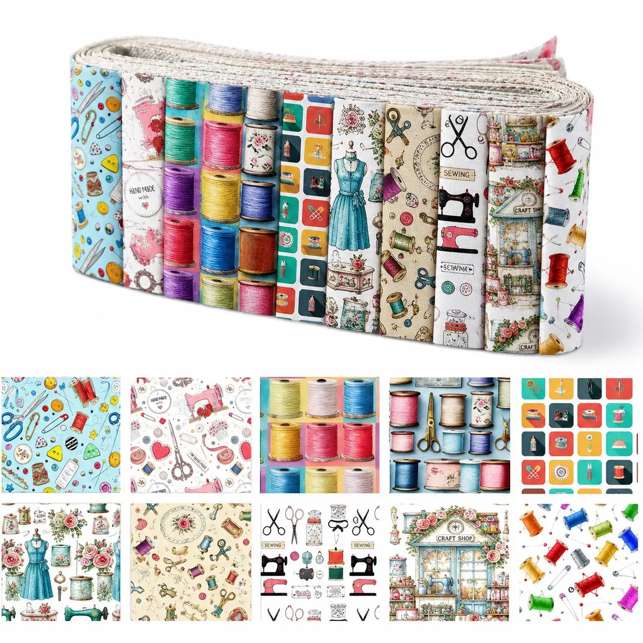 10Pc/Set,1pc Each, Each Size:6.3*50cm Diy Sewing Tool Pattern Threads Sliced Fabric Set Style Combination, Polyester Jelly Roll