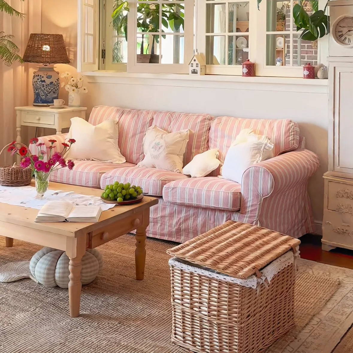 French cream style retro red stripes fully dismantled and washed pastoral simple small apartment living room single double sofa