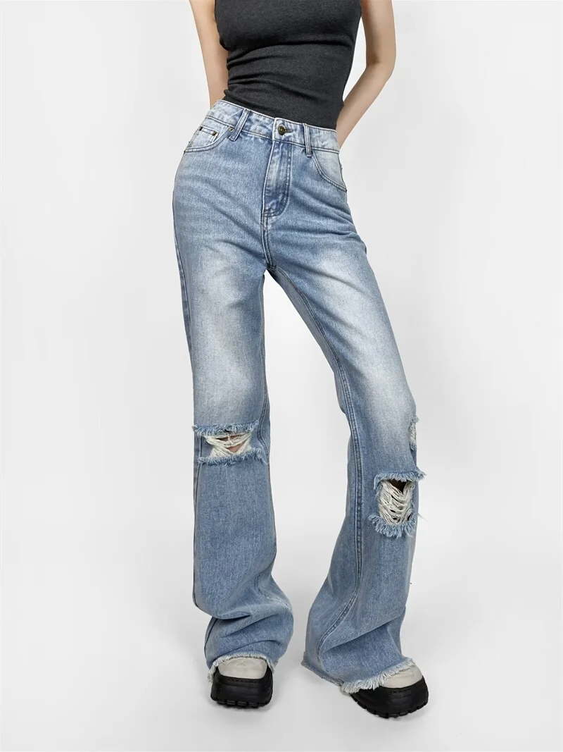 Pantalones vaqueros americanos Retro descoloridos Bell Bot, pantalones largos de cintura alta, adelgazantes, cónicos, deshilachados, hasta el suelo, corte de bota, pantalones vaqueros