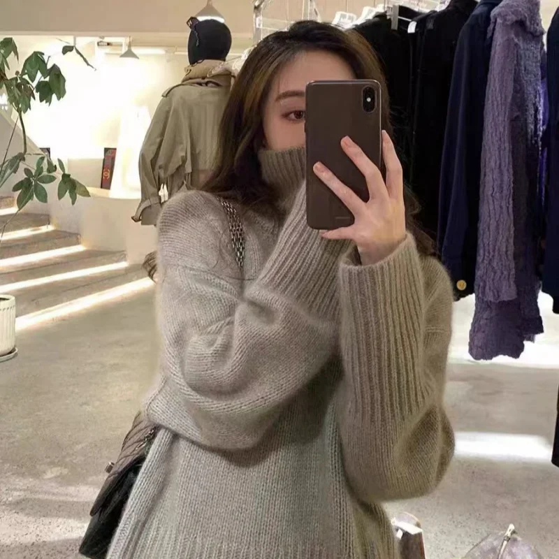 2024Autumn and winter new sweater women's 100% pure wool high neck pullover casual loose thick knitted top fashionable sweater