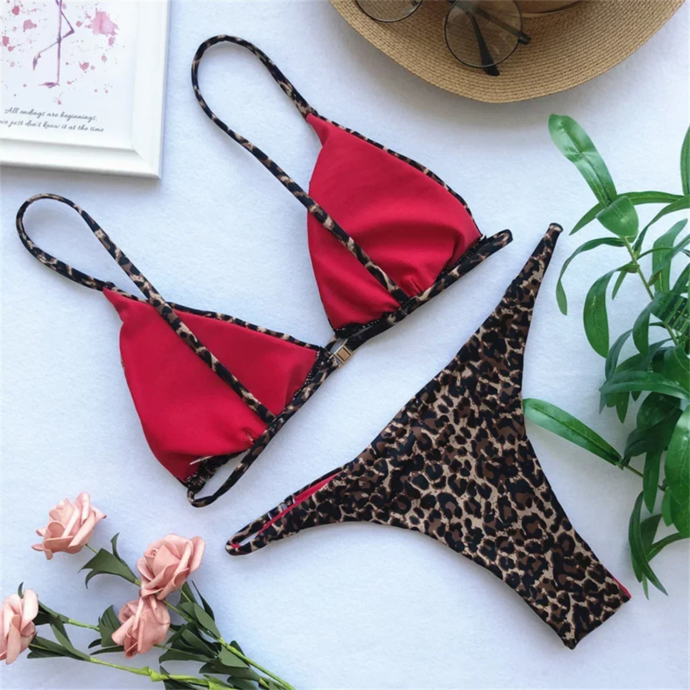 Sexy String Bikini Leopard Print Back Hook Push Up Swimsuit Women Two Piece Swimwear Triangle Thong Brazilian Beach Bathing Suit