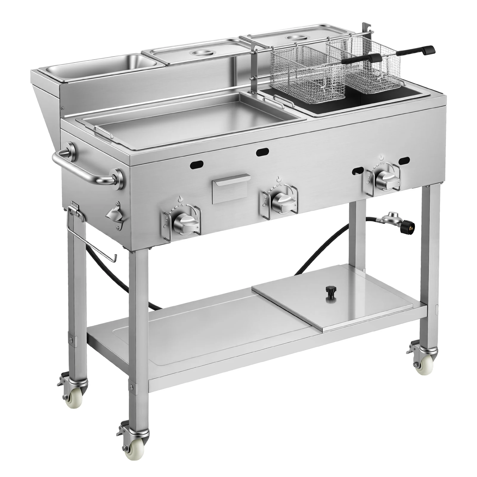 Outdoor Propane Fryer & Griddle Combo, 3 Burners (11,600 BTU Each), 2 Fryer Baskets & 3 Food Pans, Commercial Stainless Steel Frying Cart with Wheels, Fried Chicken, Fries, Meats