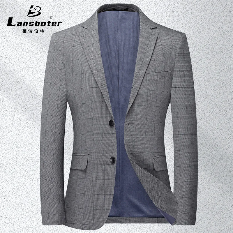 Lansboter Grey Spring And Autumn Thin Men's Suit Non-iron Slim Fit Medium And Youth Checked Small Suitable For Leisure Business